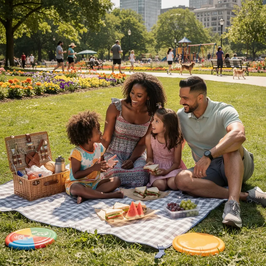 Rodzina odpoczywająca na tarasie z widokiem na góry.